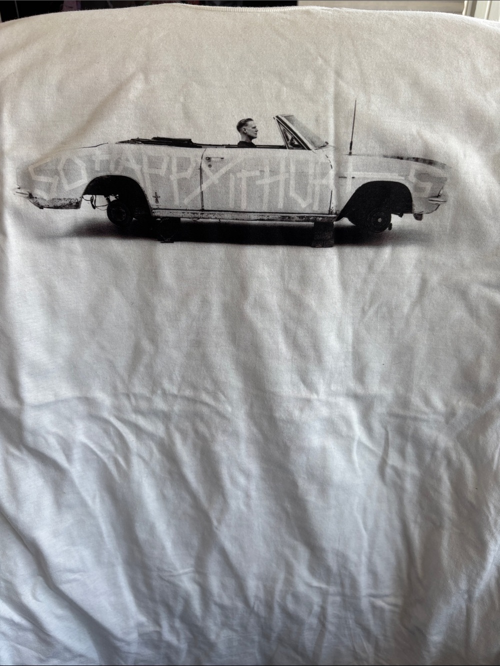 Bryan Adam’s White Men's Short Sleeve Tee with Black Car Graphic